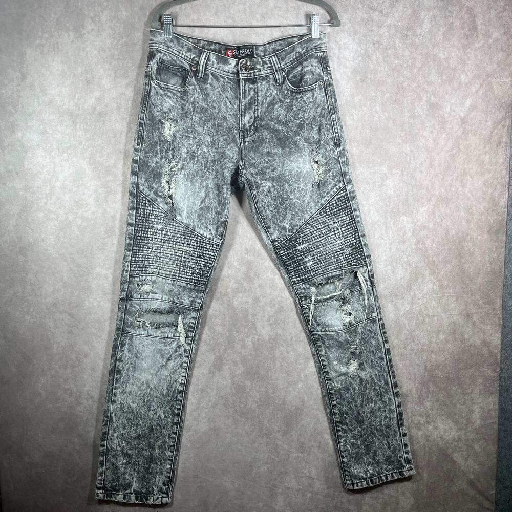 Southpole Jeans Mens Size 32X34 Black Acid Wash Denim‎ Straight Distressed Moto